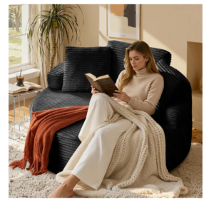 OVERSIZE ROUND CHAISE LOUNGE CHAIR, CORDUROY BLACK