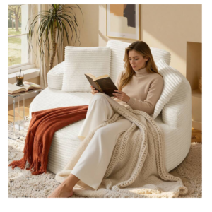 OVERSIZE ROUND CHAISE LOUNGE CHAIR, CORDUROY BEIGE