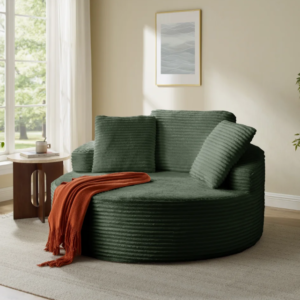 OVERSIZE ROUND CHAISE LOUNGE CHAIR, CORDUROY GREEN